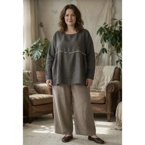 Mordenmiss Women's Long Sleeve Tunic Top 100% Linen Sz XL Gray Flowy Lagenlook